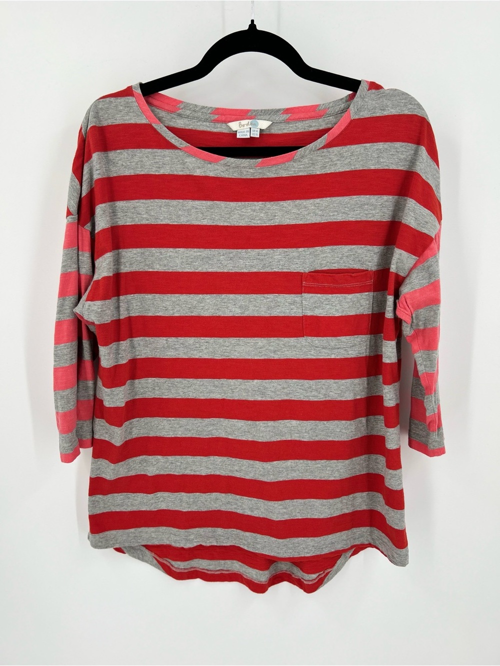 Boden Red Pink and Gray Striped 3/4 Sleeve Pocket T-Shirt Top size 10